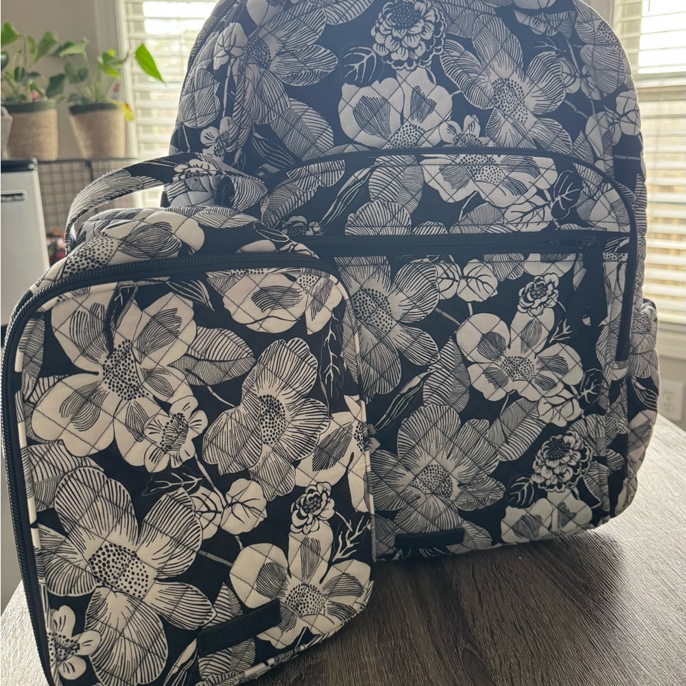 Vera Bradley Black & White Floral Backpack with Lunch Bag